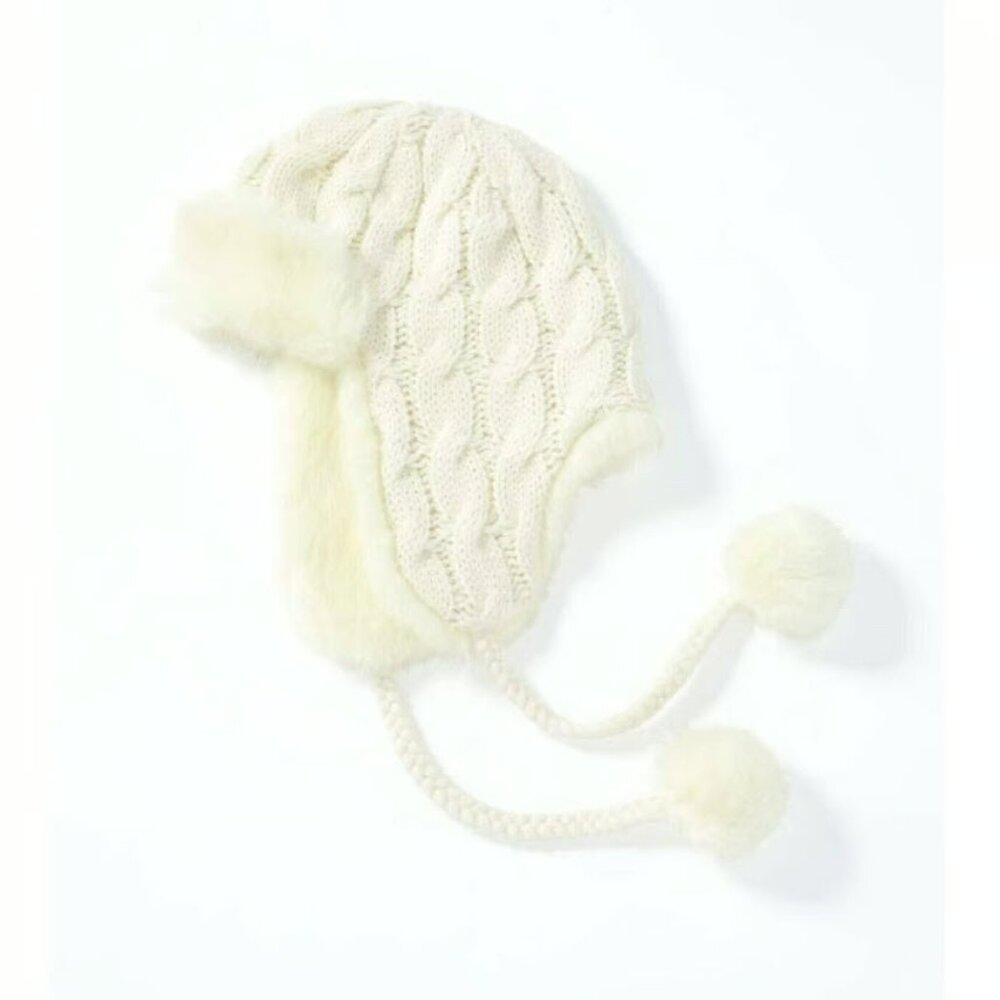NWT J Jill Cute Cream Cable Faux Fur Trapper pom pom Hat Women Lady